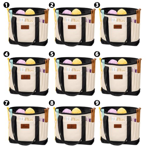 Personalized Crochet Bag with Custom Leather Patch or Embroidered Name, Canvas Knitting Tote for Yarn Storage, Crochet Organizer with Multiple Pockets, Custom Gift for Crocheters & Knitters - color: Nature-Black, size: Make it Personal