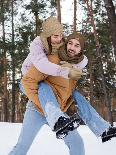 LOROME Winter Beanie Hat Scarf Gloves, Warm Fleece Knit Neck Scarf Set Gift | Hats Gloves Scarf Set, Touchscreen Gloves, Universal Size Neck Scarf Set Winter Gifts for Unisex Adult Winter Wear - color: Khaki