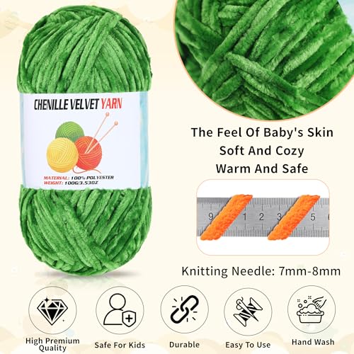 Velvet Chenille Chunky Yarn, Handcrafts Weaving Soft Chenille Yarn for Crocheting Clearance, Used for Making Baby Yarn Blanket, Clothes, Knitting Creations (1 - Grass Green) - color: 1 - Grass Green