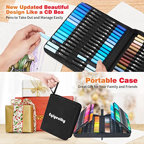 Eglyenlky Dual Brush Pens, Markers for Adult Coloring Book,100 Water Colors | Art Pens with Fine Point Markers and Brush Tip for Adult Kids Drawing (Black Set) - color: 100 Colors-Cloth Bag