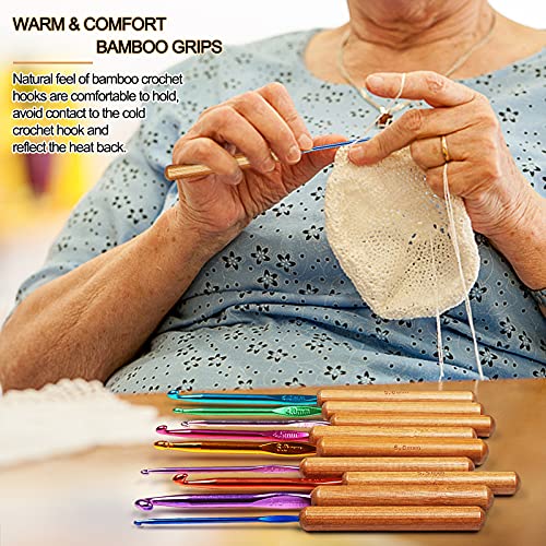 Coopay Bamboo Crochet Hooks Comfort Grip, Longer Aluminum Crochet Needles | 6.7" 9pcs 2.5mm-6.5mm Ergonomic Crochets Hook for Arthritic Hands & Beginnner Crocheting Blanket Shawls, Ideal Crochet Tool
