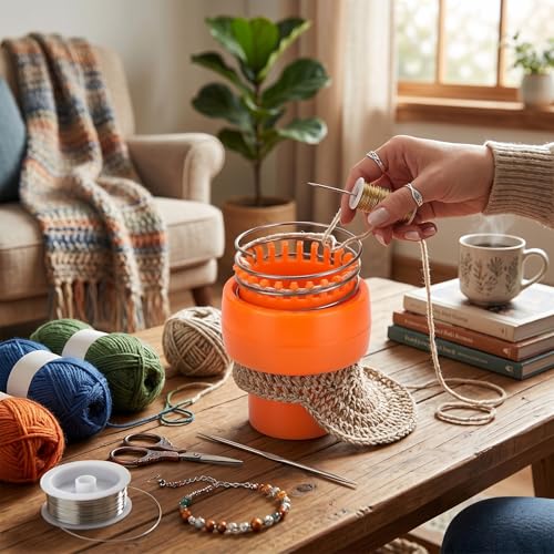 Rope Knitting Device Circular Knitting Round Full Set Invisible Spool Knitting Looms Wool Knitting Device for DIY Tube Scarf Strap | Knitting Machine Tool Crochet Knitter Orange Automatic Yarn Winder