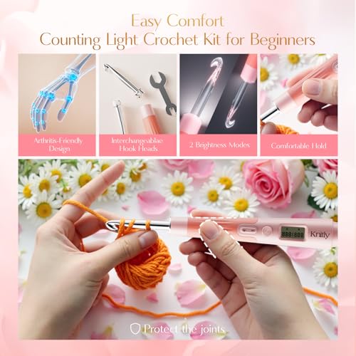 knitly Light Up Crochet Hooks Set with Digital Counter | 18 Size Counting Crochet Hook with 2.0–14.0 mm Interchangeable Hooks, Ergonomic Crochet Kit & Gift for Arthritic Hands