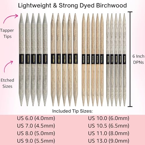 Lykke Driftwood Large 6-inch DPN Knitting Needles Set | Large US 6, 7, 8, 9, 10, 10.5, 11, 13 Grey Case, Birchwood Semi-Sharp Tips, Project Bag - color: Driftwood-with-Grey-Case