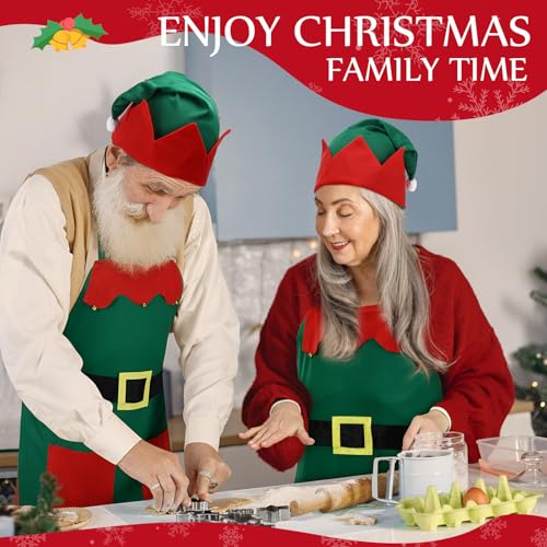 Handepo 12 Sets Christmas Apron and Hat Christmas Elf Costume Kit for Adults Women Cosplay Kitchen Xmas Holiday - color: Green, style: Classic