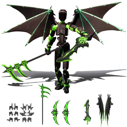 (Assembly Completed) T13 Action Figure Set,Dummy 13,Articulated Robot with Demon Wings, Titan 13 Robot,Mision 13,t13 Action Figure Accessories(Green Black) - color: Green Black