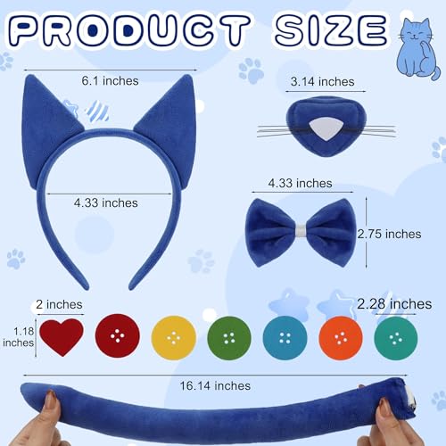 Mototo Zoo Animals Costume Accessories Set Animal Ears Headband for Adult with Tail Bow Tie for Halloween Dress Up Party - style: Blue Cat