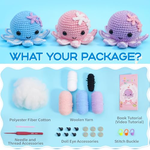 Crochet Kit for Beginners: Make 3 Cute Amigurumi Animals with Easy-to-Follow Video Tutorial, Complete Beginner Crochet Kits for Kids Adults, Creative Christmas Birthday Gift Idea for Women & Girls - color: octopuses Family