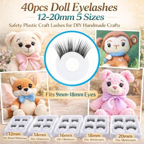 40pcs Doll Eyelashes with 12mm-20mm Eyelash Pads, 5 Sizes for Doll Making, Perfectly Matched with 9mm to 18mm Doll Eyes, Safety Plastic Craft Lashes for Handmade Dolls, Puppets, Bears, Plush Animals - size: 1 count (Pack of 40)