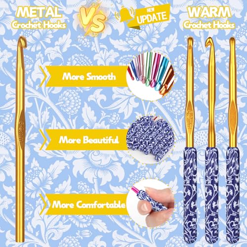 Coopay Warm Crochet Hooks, Ergonomic Crochet Hook Set Soft Grip- Dark Blue | 2.0mm-6.0mm Dark Blue & White Porcelain Art Handle, Comfort Grip Needles Set for Beginners, Long Crochet Needles Set Gift - color: Dark Blue & White Porcelain