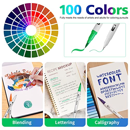 Eglyenlky Markers for Adult Coloring,100 colors,Dual Brush Pens | Art Coloring Pens,Fine Tip and Brush Tip for Adult Kids Drawing Lettering Calligraphy (White Set) - color: 100 Colors-White