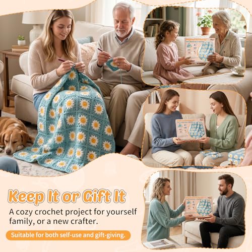Fitsu Crochet Kit for Beginners, Daisy Granny Square Blanket Crochet Starter Kit with Yarn, Hooks, Step-by-Step Book & Video Tutorials, Easy Learn-to-Crochet Gift Set for Adults and Beginners