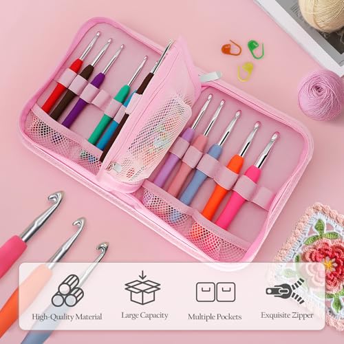 Blingcute 50 Pcs Ergonomic Crochet Hook Set 0.6-8 mm with Pink Case | Pain-Free Hooks for Arthritis Hands, Portable Aluminum Needles Set, Best Gift for Beginners & Lace Projects - color: Pink