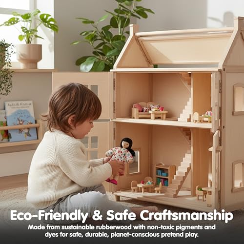PlanToys® Mother Wooden Poseable Dollhouse Figurine 1:12 Scale 5-Inch Doll | mom character, doll house people accessories, bendable arms, kids pretend play, storytelling learning gift ages 3+ for girls - color: Asian Mom