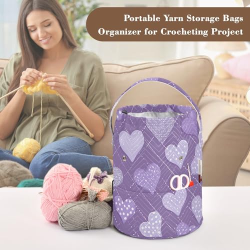 Tatenale Crochet Bag Yarn Bag Knitting Project Bag with Pockets and Handle Portable Yarn Storage Organizer Tangle Free 8.3x11 Inch Lavender Romantic Hearts Valentines Gifts - color: Lavender Romantic Hearts Valentines