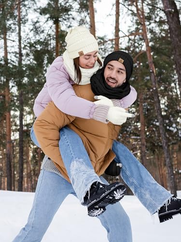 LOROME Winter Beanie Hat Scarf Gloves, Warm Fleece Knit Neck Scarf Set Gift | Hats Gloves Scarf Set, Touchscreen Gloves, Universal Size Neck Scarf Set Winter Gifts for Unisex Adult Winter Wear - color: Ivory
