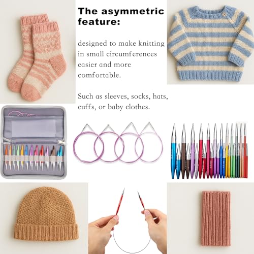 Svartur Asymmetrical Interchangeable Circular Knitting Needles, with Assorted Circular Knitting Needles and 4 Cables, Accessories and Case, 12 Pairs - color: Multicolored-Asymmetrical-12 Pairs
