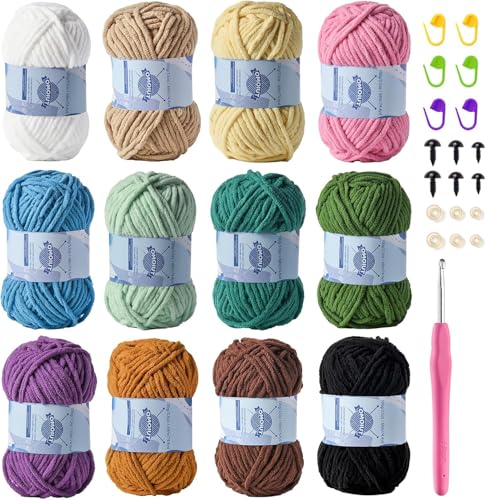 12 Pack Fluff Chenille Chunky Yarn for Crocheting Premier Puzzle - Velvet Baby Crochet Yarn with Black White Purple Pink Blue Coffee Red Premier Khaki Yellow Amigurumi Yarns Set B - color: 12 B