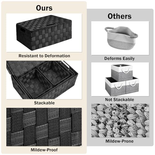 Storage Baskets with Lids: 5 Pack Stackable Woven Storage Bins, Black | Decorative Woven Baskets for Organizing with Built-In Handles for Shelves, Closets, Cabinets and Cubbies, Gift Small Basket - color: Black, size: 5pack with Lids