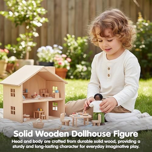 PlanToys® Father Dollhouse Wooden Figurine Poseable 1:12 Scale 5-Inch Doll | dad character, doll house people accessories, bendable arms, kids pretend play, girls storytelling gift ages 3+ for boys - color: African American Dad