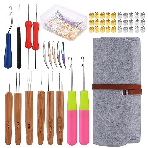 QMNNMA Crochet Needle for Loc, 48 Pcs Dreadlock Crochet Hook for Hair | Crochet Needle for Locs, Loc Tools for Interlocking Crochet Hooks for Hair, Bent Latch Hook with Light Gray Case - color: light gray