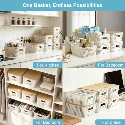 Bagnizer Small Plastic Storage Bins with Bamboo Lids 5.2qt Stackable Box Basket Pantry Decorative Containers Cute with Labels for Organizing Desktop Closet Office Cream White of 6 packs 10*7.2*4.1" - color: Cream White, size: Small- 6 Pack