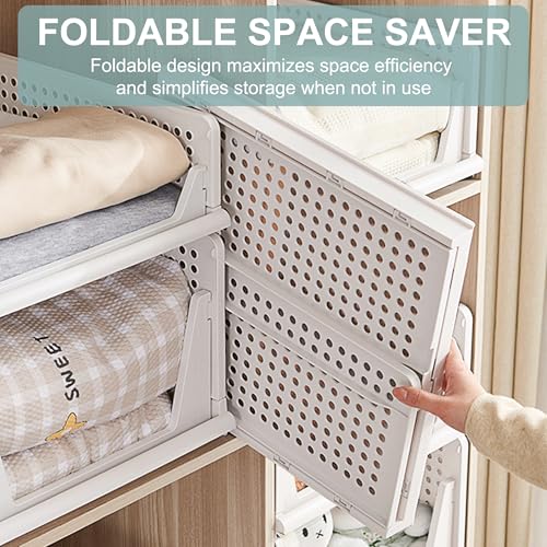 Goderewild Stackable Foldable Storage Baskets, Folding Storage Bins, Closet Organizers and Plastic Drawer Shelf Storage Container for Wardrobe, Cupboard, Kitchen, Bathroom, Office (White, 4S) - size: 4S