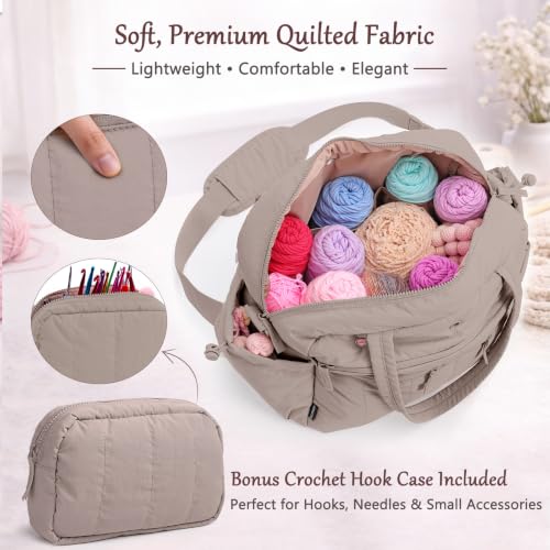 MYBAGZING Stylish Crochet Bag Organizer with Crochet Hook Case, Large Capacity Yarn Bag for Crocheting on the Go, Soft Quilted Crochet Tote with 7 Compartments, Knitting Project Carry-On Travel Gift - color: Grey