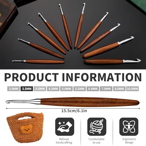 Lunarm Crochet Hook 3.5mm Ergonomic Crochet Aluminum Hook Wood Handle | Available in 3mm-10mm for Arthritic Hands DIY Craft Knitting Bouquets, Blankets, Hats, Gloves from Various Yarns - size: 3.5mm