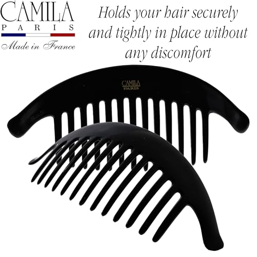 Camila Paris CP2872/2 French Hair Side Combs, Black Interlocking Combs French Twist Hair Combs, Strong Hold Hair Clips for Women Bun Chignon Up-Do, Styling Girls Hair Accessories, Made in France - color: Black