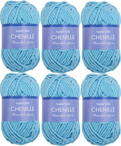 ThreadArt 6 Pack Chenille Yarn for Crochet, #5, Aqua 09 | Super soft plush chenille yarn for crochet, knitting, amigurumi, blankets and toys. Fluffy #5 weight, 50g/60yd skeins. - color: AQUA, size: 6 PACK