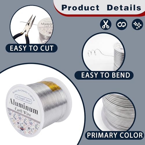 16 Gauge Aluminum Craft Wire Silver 180FT 1.3mm, Jewelry Making, Flexible Bendable Armature Wire for Sculpting, Floral Crafts, Metal Wire Wrapping, DIY Art Projects & Wreath Making - color: Silver, size: 16gauge