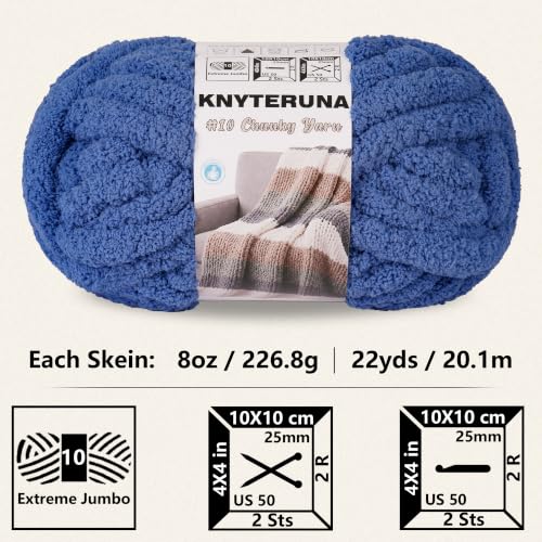Chunky Yarn for Hand Knitting, #10 Chunky Blanket Chenille Yarn, Large Bulky Thick Jumbo Yarn, Super Chunky Knit Yarn for Crocheting, 8 Skein (8 oz 22 yds Each Skein), Country Blue - color: Country Blue