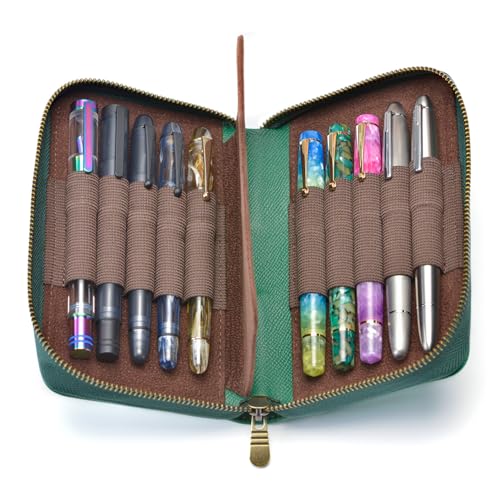 Fountain Pen Leather Pen Case 10 Divided Slots, Rollerball Pen Holder Handmade Display Organizer Zippered Pouch - color: Army Green