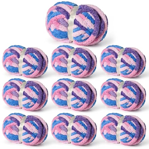 Chunky Jumbo Chenille Yarn Multicolor 10 Pack | 2000g/240yds Super Bulky Baby Soft Yarn for Hand Knitting Fluffy Chunky Knit Throw Blanket Yarn - color: 10 Blue-Pink-Purple