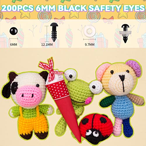 MUCUNNIA 400pcs 6mm Black Safety Eyes with Washers for Crochet Amigurumi | Plastic Craft Eyes for Teddy Bear, Amigurumi Doll, Stuffed Animal, DIY Crafts Making Supplies,Holiday Decorations - size: 6mm