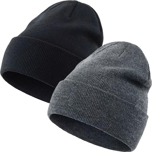 100% Cotton Beanie Hat Winter Hats Women Men Warm Knit Beanies | Double Layer Warmth ,Ultra-Soft Itch-Free Pure Cotton Knitted, Cuffed & Uncuffed Fisherman Slouchy Skull Cap for Womens Mens - color: 2pcs-(black +Darkgrey)
