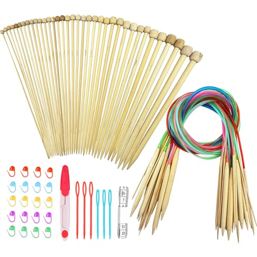 Hobekoee Knitting Needles Set,18 Sizes 2mm-10mm | 36 PCS 9.8" Straight Single Pointed Bamboo Knitting Needles ＆ 18 Pairs 31.5” Bamboo Circular Knitting Needles Set