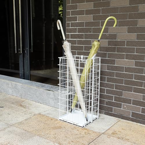 Umbrella Stand, Umbrella Holder for Entryway, Large Metal Foldable Umbrella Rack Organizer Freestanding, with Water Tray and Hooks, Rectangular Hollow Rack 9.5 x 9.5 x 19.7 Inches (White) - color: White