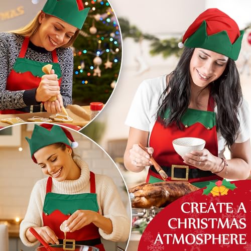 Handepo 12 Sets Christmas Apron and Hat Christmas Elf Costume Kit for Adults Women Cosplay Kitchen Xmas Holiday - color: Green Red, style: Classic