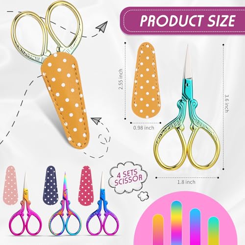 Honoson 4 Pcs Small Embroidery Scissors, 3.6", Simple, Chic Colors | Sewing Scissors with Leather Cover, Sharp Tip for Needlework Cross Stitch Crochet Knitting Craft, Stainless Steel Stork Shear - color: Chic Colors