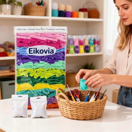 Eikovia 1200 Pcs Weaving Loom Refill Loops 6 to 7 Inch 12 Colors | Polyester Craft Bands for Potholder Looms DIY Projects Creative Weaving Kids Crafts and Colorful Handmade Designs