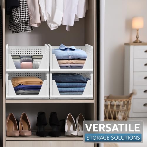 Sorbus Stackable Closet Organizer, Open-Front Shelf Bins (4 Medium) | Plastic shelves and baskets for clothes in pantries, bathrooms, kitchens, garages, cabinets and countertops. - size: 4 Medium