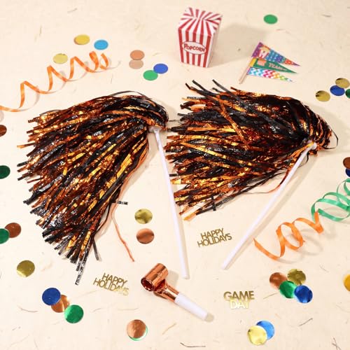 Vinsot 40 Pcs Cheerleading Pom Poms Bulk, Metallic Foil School Spirit Shakers Cheer Pom Poms with Plastic Long Handle for Soccer Basketball Sport Dance Team Squads Fan Celebration - color: Orange Black Mix