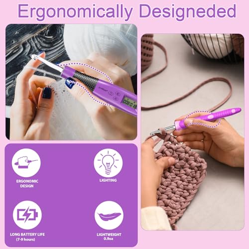 Counting Crochet Hook Set, Light Up Crochet Hooks with Ergonomic Handle, 24 Size Interchangeable Crochet Hooks Kit with Digital Counter, Crochet Hooks for Arthritic Hands, Gift for Beginners - size: 24 Crochet Hook - Purple