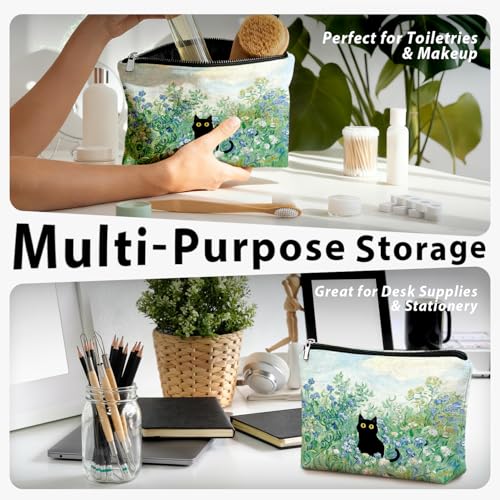 Cute Black Cat Blue Floral Makeup Bag, Kitty Cosmetic Zipper Travel Toiletry Bag for Traveling Women, Cute Black Cat Gifts for Women & Teen Girls, Cats Gifts Lovers - color: 02-Cat(08)-Blue Floral
