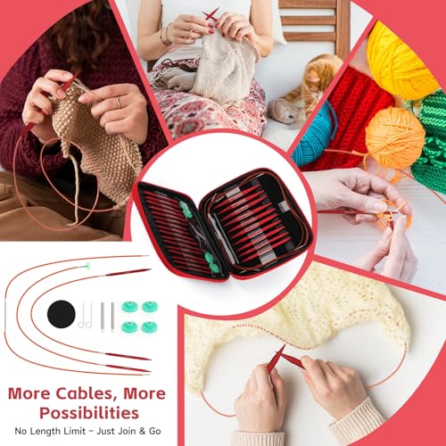 Interchangeable Circular Knitting Needles Set, 13 Pairs (26pcs) Matte Red Aluminum Knitting Needles Kit, Sizes 3.0mm–10.0mm, Knitting Needle Case & Accessories for Knitting Beginners & Advanced - color: Matte Red