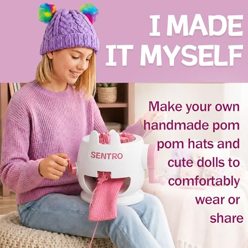 ROHSCE Sentro 22 Needle Knitting Machine, DIY Crafts for Beginners | Hand Crank Knitting Loom Machine with Built-in Row Counter, DIY Crafts Kits, Hat and Scarf Making - color: Pink-White Rabbit Loom
