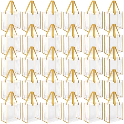 Paterr 30 Pcs Clear Tote Bag Stadium Approved Bulk 10 x 10 x 4 inch Plastic Tote Gifts Bags with Handle for Women Sports Gym(Gold) - color: Gold