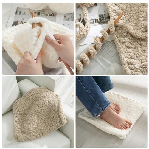 HOMBYS 4 Cream+4 Khaki Chunky Chenille Yarn for Hand Knitting,Fluffy Soft Jumbo Yarn Crocheting,Super Bulky Big Yarn for Chunky Blanket,Large Thick Arm Knitting Yarn,8 Pack Plush Yarn - color: 4 Cream+4 Khaki